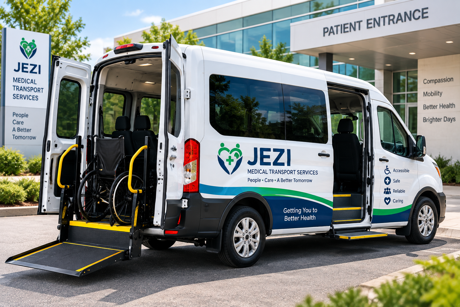 A JEZI medical transport vehicle used for hospital discharge transportation