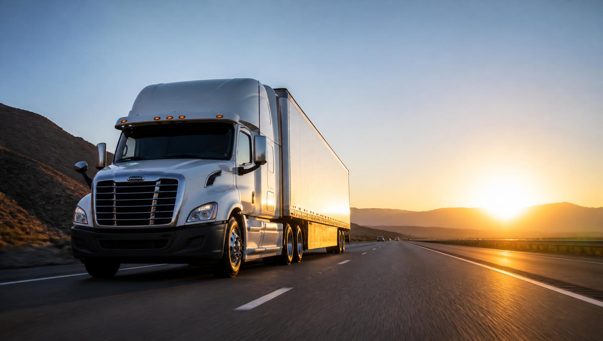 Semi truck hauling a freight trailer on an American interstate highway at sunrise
